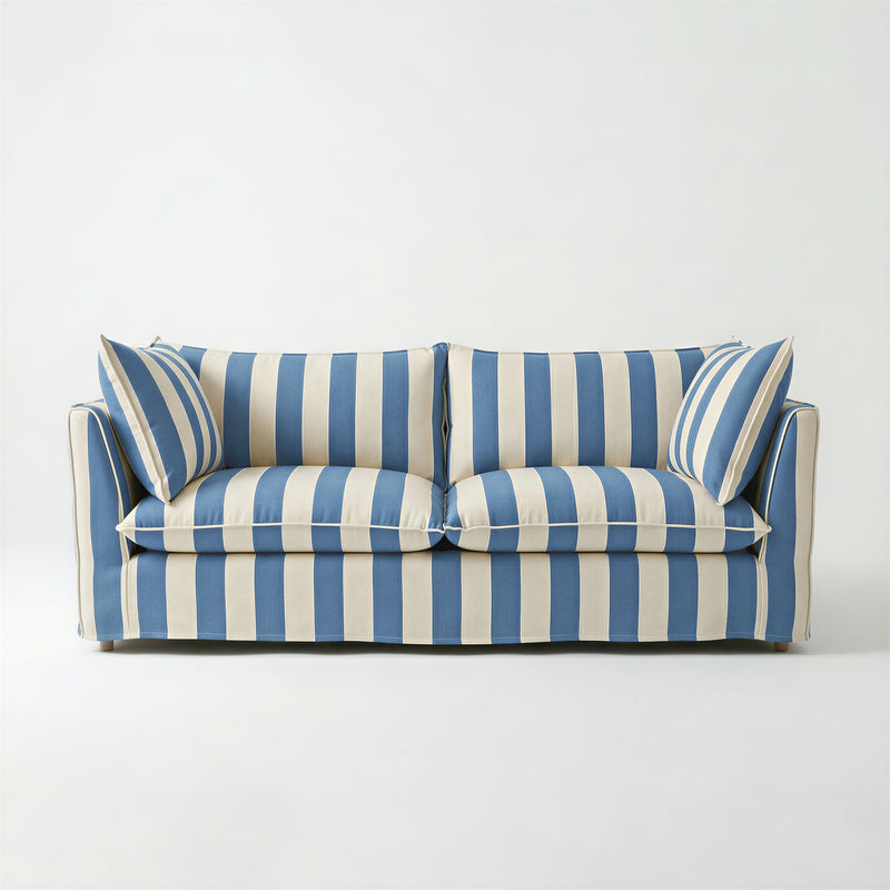 Coco 3 seater sofa with Self Piped Knife Edge cushion in Cornish Blue Stripes - Made to Order