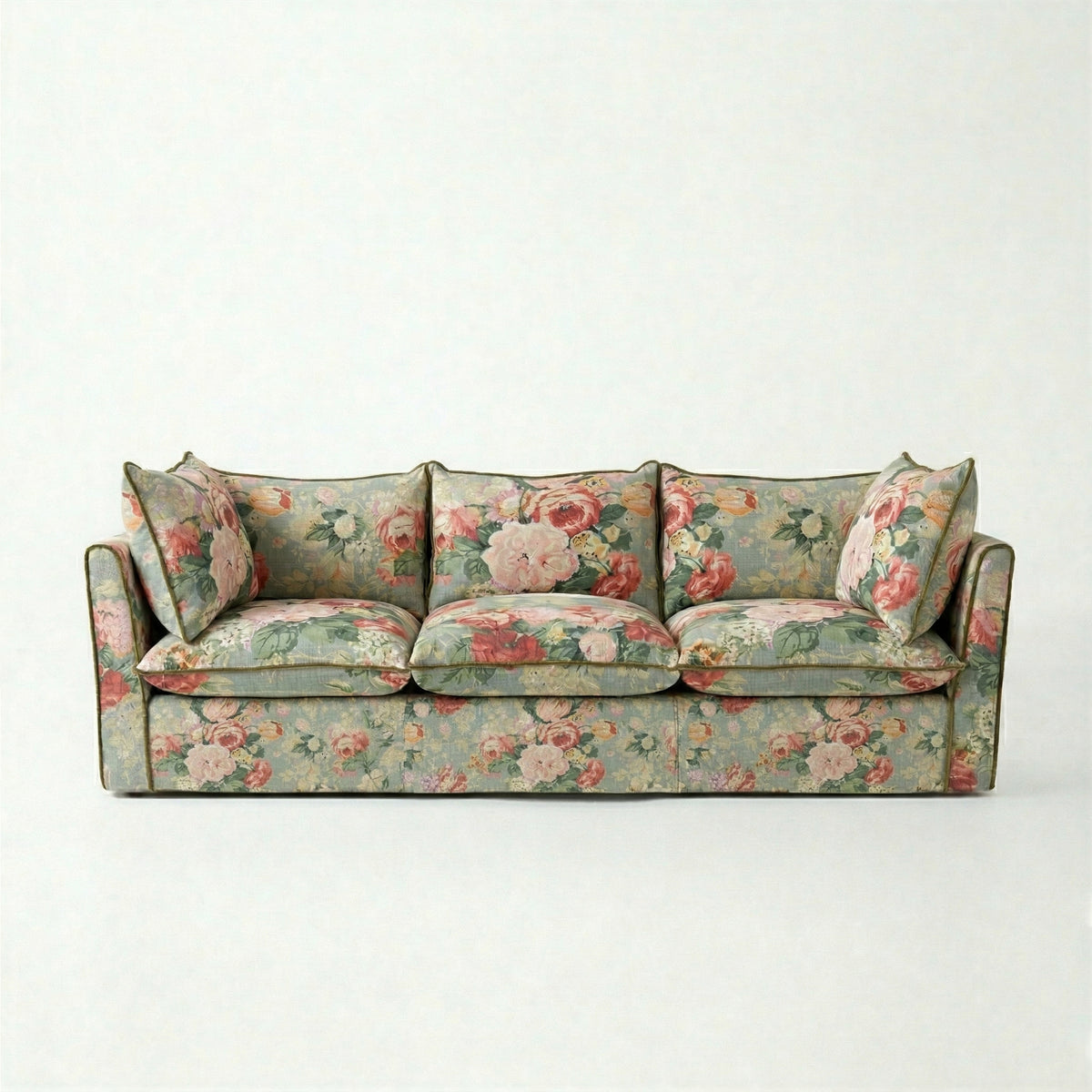 Coco 3.5 seater sofa with Knife Edge cushion in English Garden Grey Skies with Velvet Trim - Made to Order