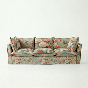 Coco 3.5 seater sofa with Knife Edge cushion in English Garden Grey Skies with Velvet Trim - Made to Order