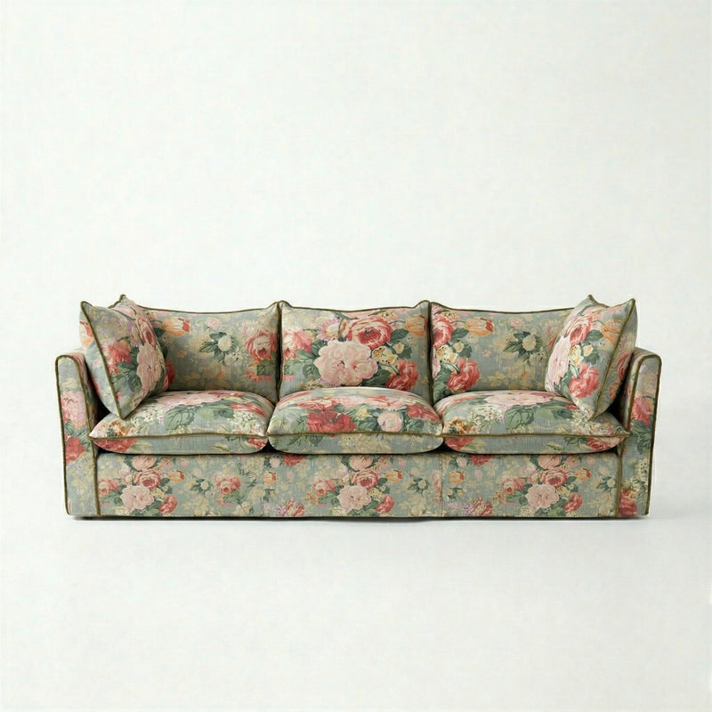 Coco 3.5 seater sofa with Knife Edge cushion in English Garden Grey Skies with Velvet Trim - Made to Order