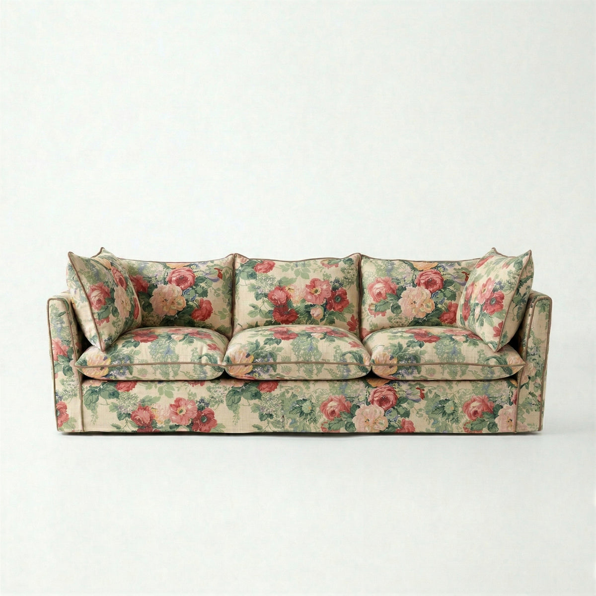 Coco 3.5 seater sofa with Knife Edge cushion in English Garden Classic Rose with Velvet Trim - Made to Order