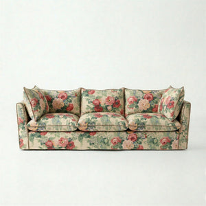Coco 3.5 seater sofa with Knife Edge cushion in English Garden Classic Rose with Velvet Trim - Made to Order