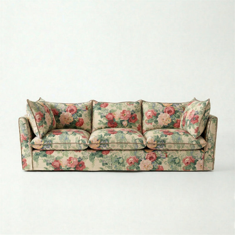 Coco 3.5 seater sofa with Knife Edge cushion in English Garden Classic Rose with Velvet Trim - Made to Order