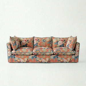 Coco 3.5 seater sofa with Knife Edge cushion in English Garden Coral Orange with Velvet Trim - Made to Order