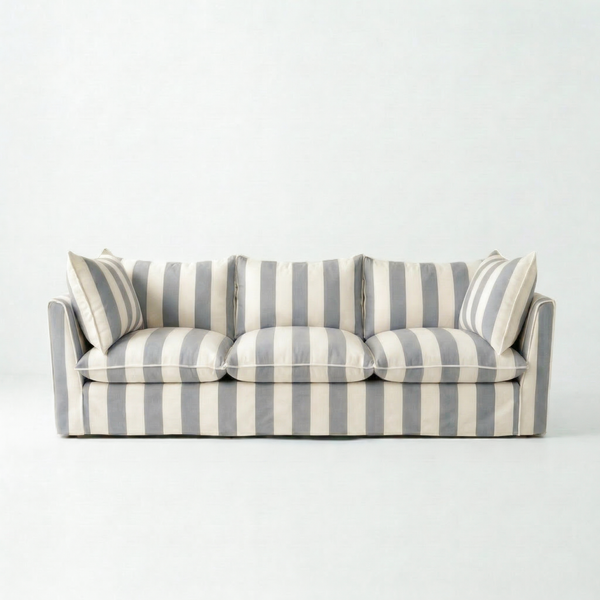 Coco 3.5 seater sofa with Self Piped Knife Edge cushion in Stripes Garden Grey - Available for quick ship