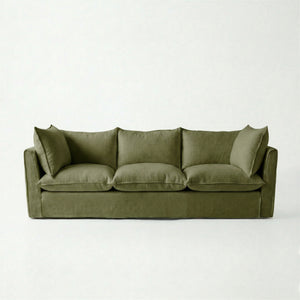 Coco 3.5 seater sofa with Self Piped Knife Edge cushion in Cotton Linen Evergreen - Made to Order