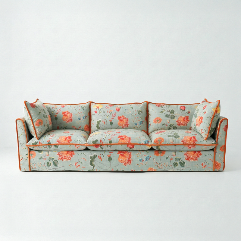 Coco 4 seater sofa with Contrast Piped Knife Edge cushion in Wildwood Duck Egg - Made to Order