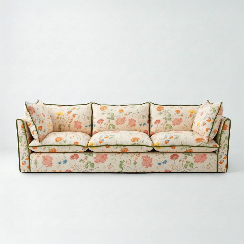 Coco 4 seater sofa with Contrast Piped Knife Edge cushion in Wildwood Ivory - Made to Order
