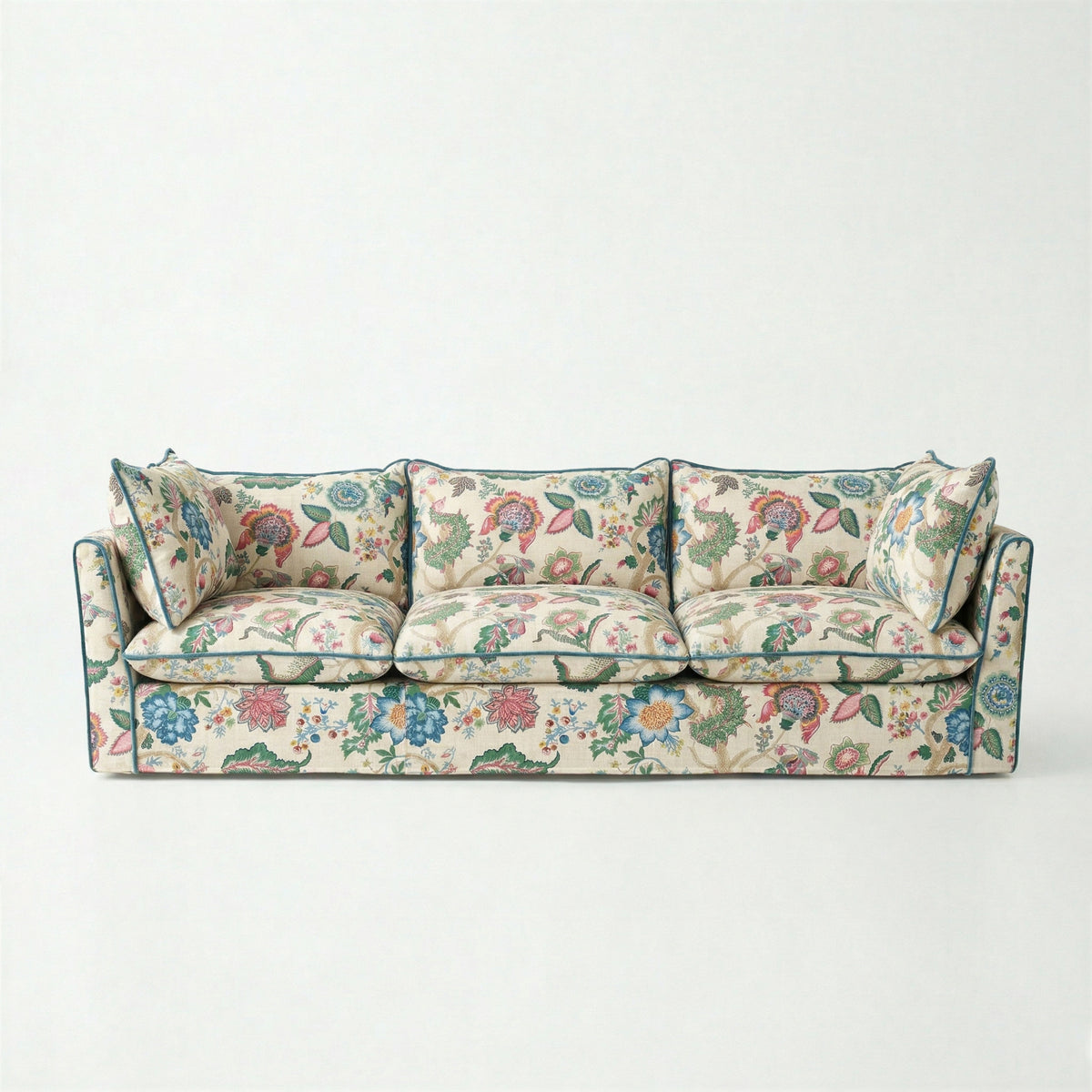 Coco 4 seater sofa with Knife Edge cushion in Kitty Spring Green with Velvet Trim - Made to Order