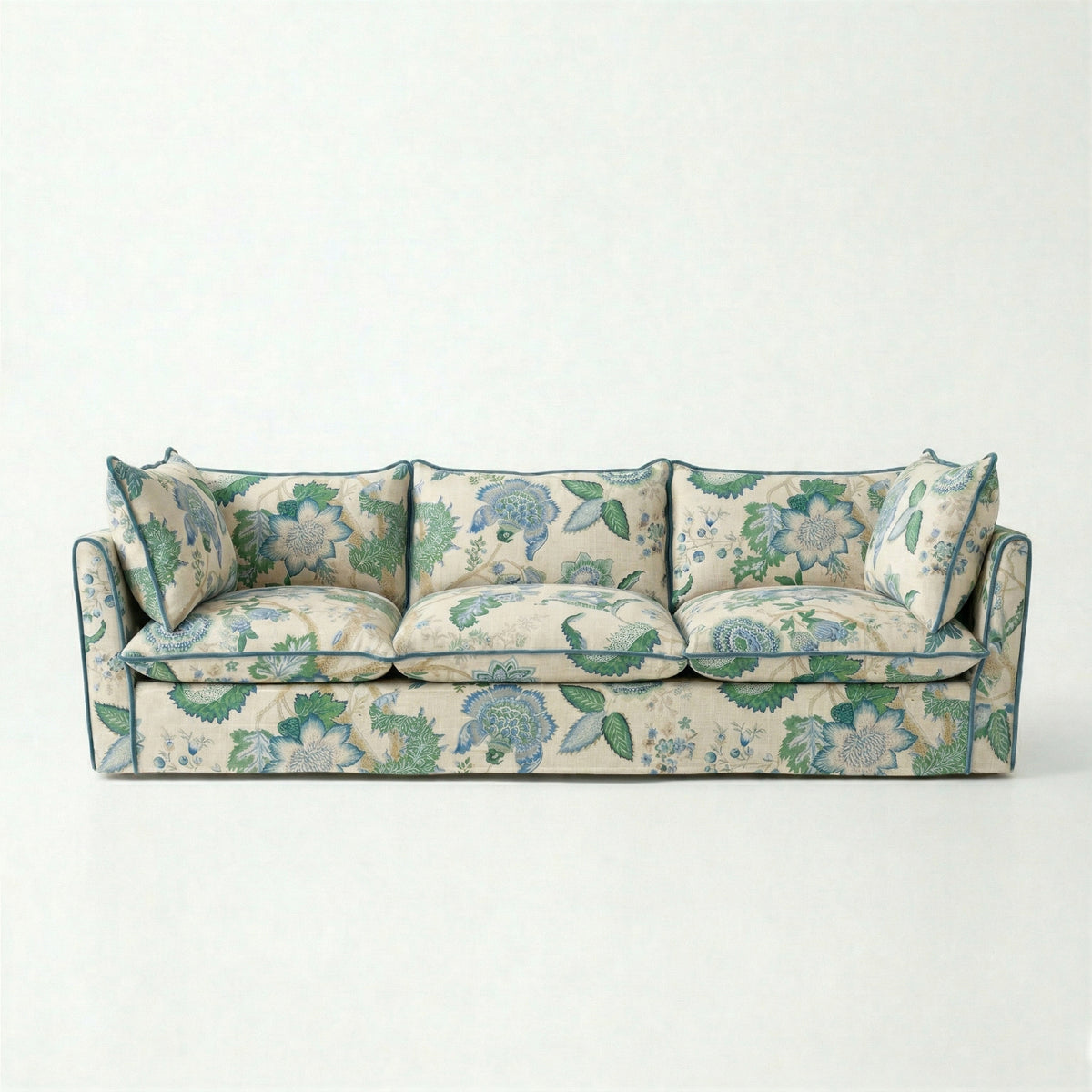 Coco 4 seater sofa with Knife Edge cushion in Kitty Blue Green with Velvet Trim - Made to Order