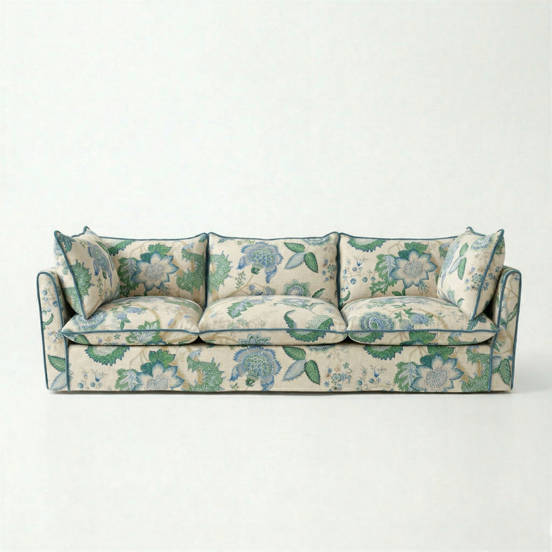 Coco 4 seater sofa with Knife Edge cushion in Kitty Blue Green with Velvet Trim - Made to Order