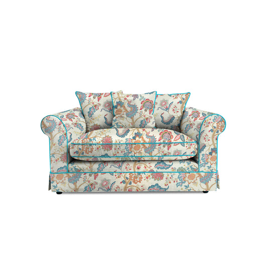 Salthrop Small Sofa with Scatter Cushions in Kitty Indian Summer with Velvet Trim - Made to Order