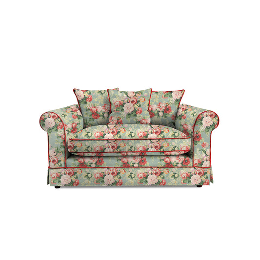 Salthrop Small Sofa with Scatter Cushions in English Garden Grey Skies with Velvet Trim - Made to Order