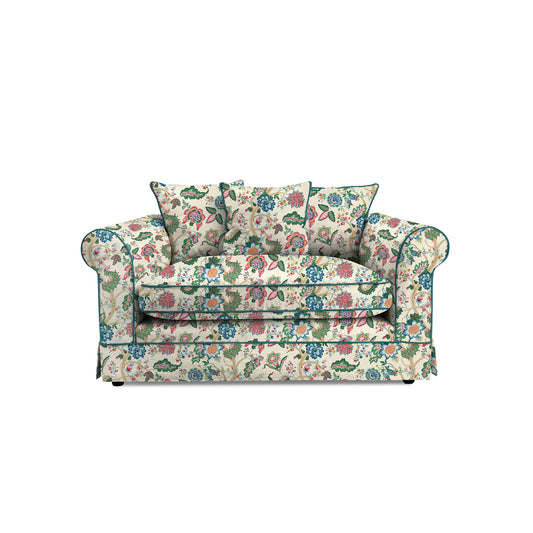 Salthrop Small Sofa with Scatter Cushions in Kitty Spring Green with Velvet Trim - Made to Order