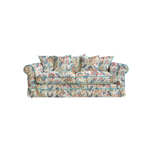 Salthrop Large Sofa with Scatter Cushions in Kitty Indian Summer with Velvet Trim - Made To Order