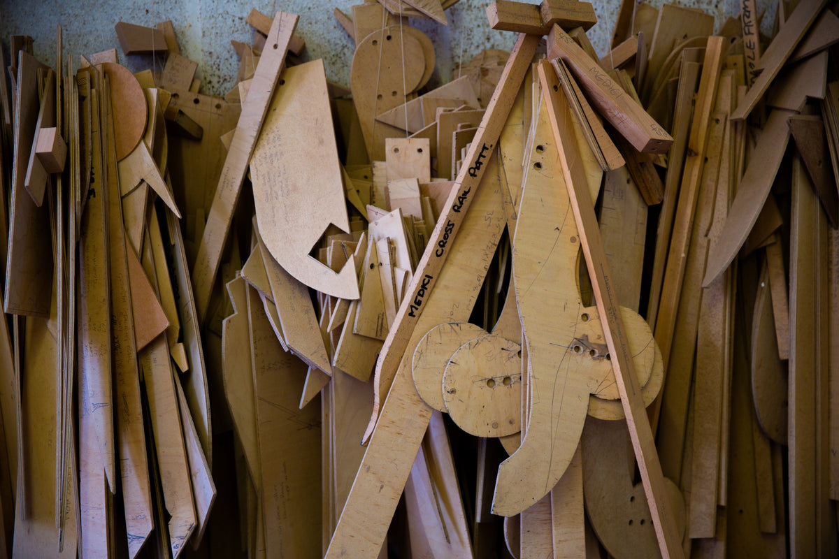 Sofa patterns laid out on the workshop floor