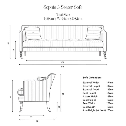 Sophia 3 seater sofa in Cotton Linen Snow Drop - Made to Order