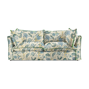 Coco 2.5 seater sofa with Knife Edge cushion in Kitty Blue Green with Parakeet Velvet Trim - Made to Order
