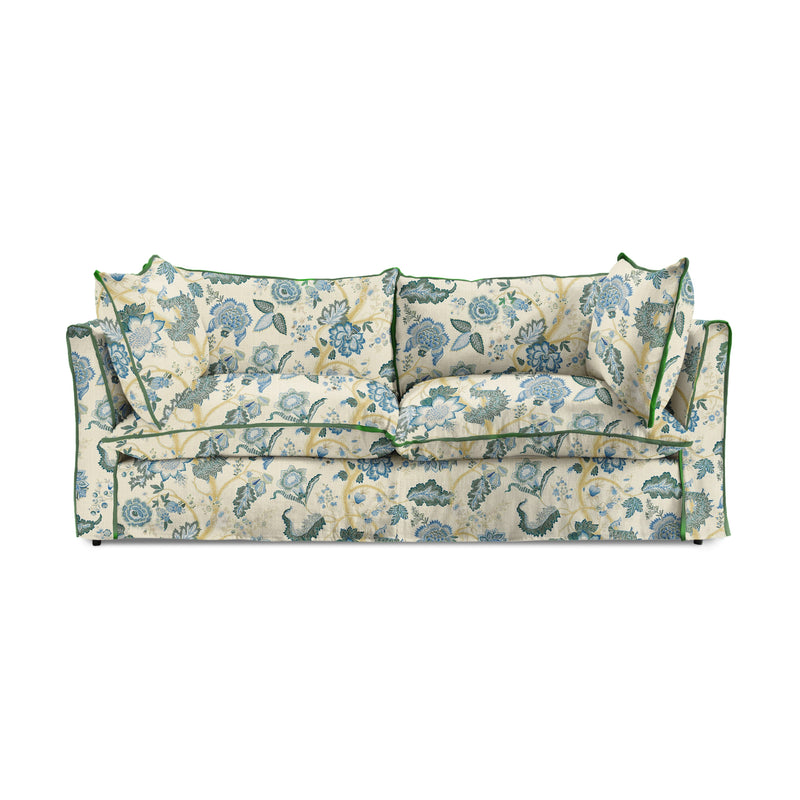 Coco 2.5 seater sofa with Knife Edge cushion in Kitty Blue Green with Velvet Trim - Made to Order (Available for quick ship)