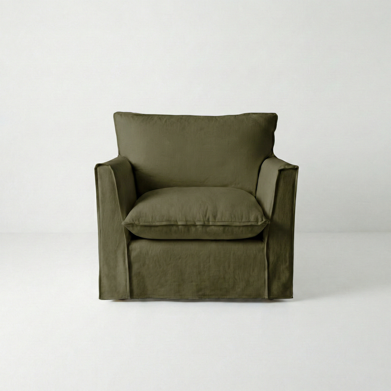 Coco Armchair with Knife Edge cushion in Beatrice Olive - Made To Order