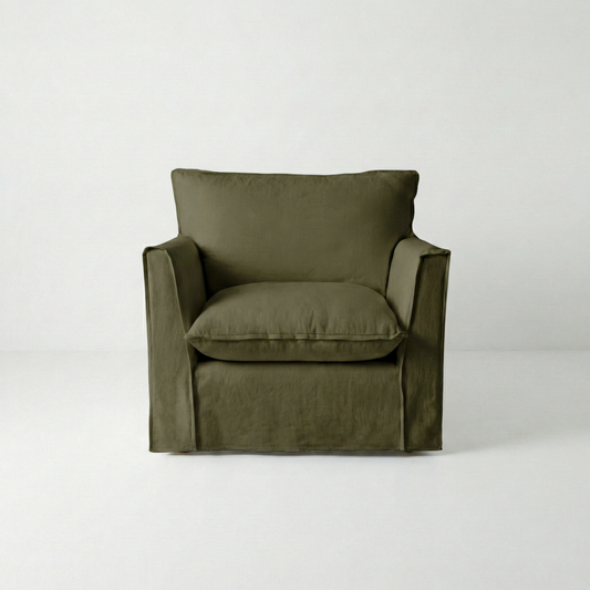 Coco Armchair with Knife Edge cushion in Beatrice Olive - Made To Order