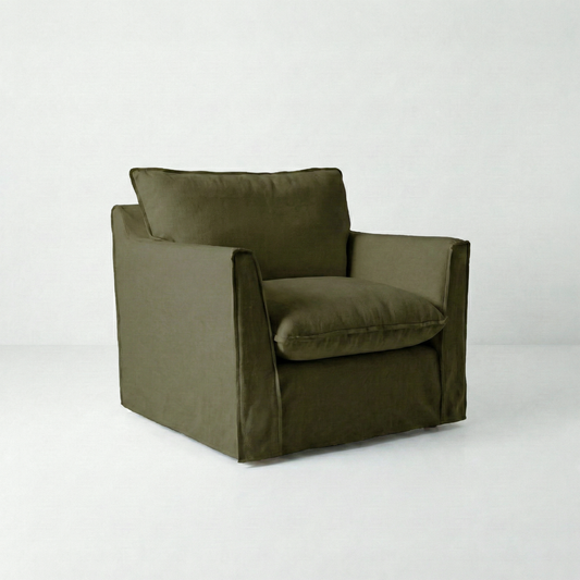 Coco Armchair with Knife Edge cushion in Beatrice Olive - Made To Order