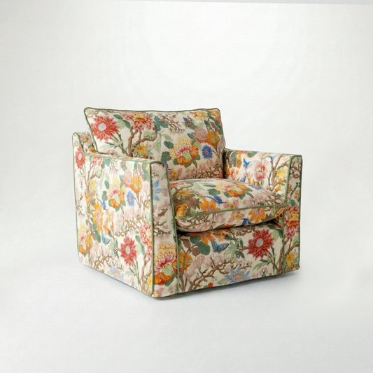 Coco Armchair with Knife Edge cushion in GP & J Baker Magnolia Cream Blue - Made To Order