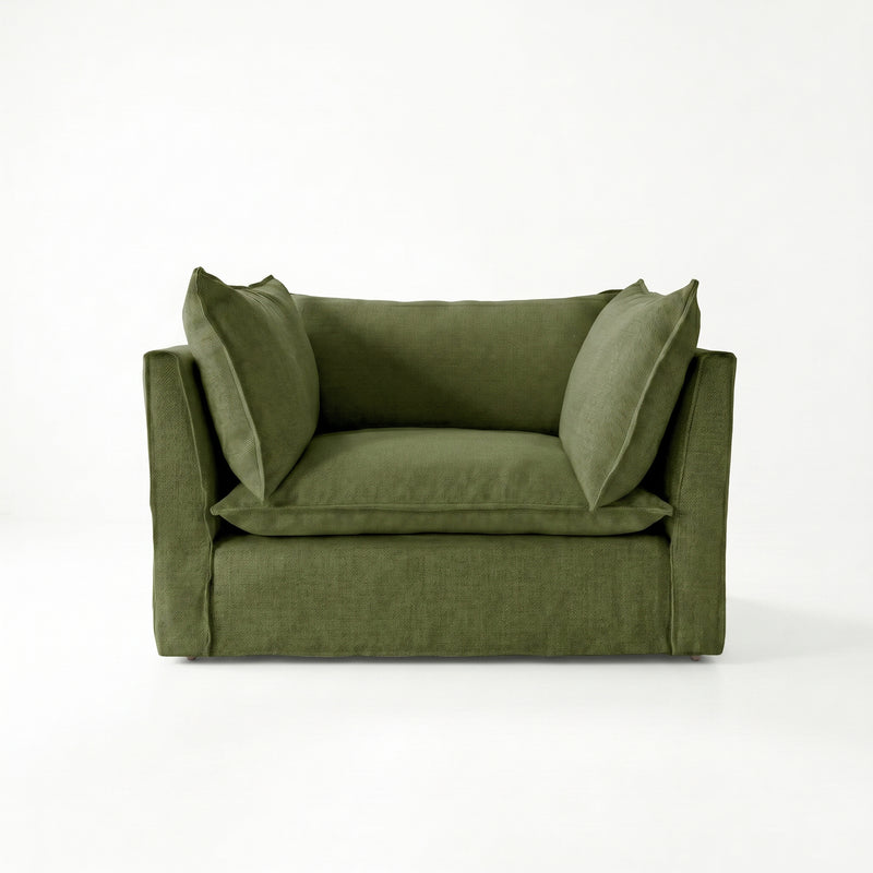 Coco Loveseat with Self Piped Knife Edge cushion in Cotton Linen Evergreen - Made to Order