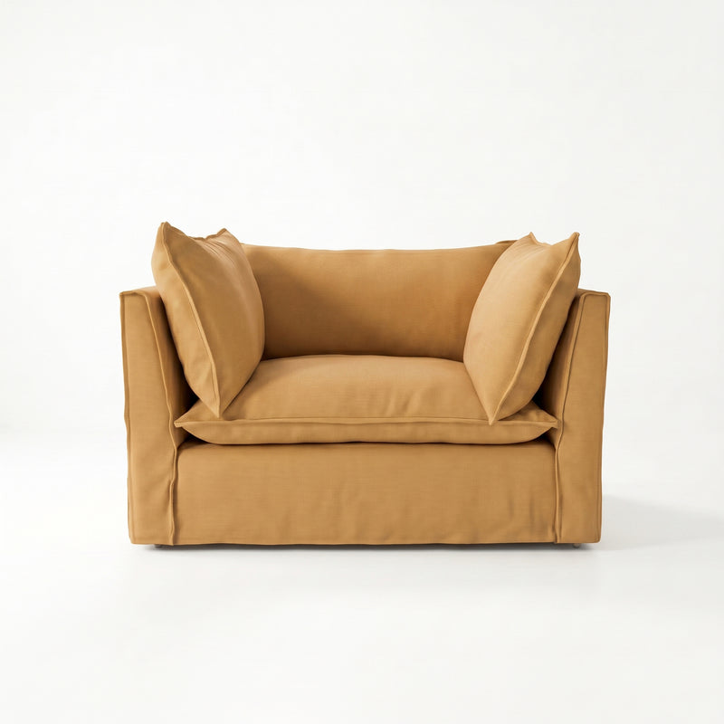 Coco Loveseat with Self Piped Knife Edge cushion in Cotton Linen Sunflower - Made to Order