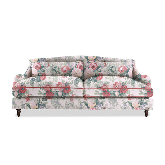 Felix 4 seater sofa in Natural Linen English Garden Classic Rose with Velvet Trim
