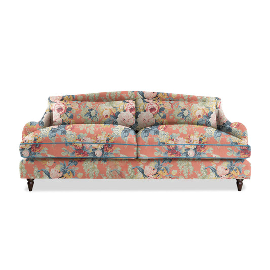 Felix 4 seater sofa in Natural Linen English Garden Coral Orange with Velvet Trim