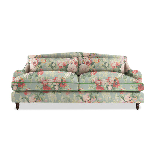 Felix 4 seater sofa in Natural Linen English Garden Grey Skies with Velvet Trim