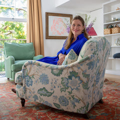 Felix Armchair with Fixed Back in Natural Linen Kitty Blue Green