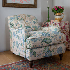 Felix Armchair with Fixed Back in Natural Linen Kitty Blue Green