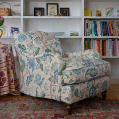 Felix Armchair with Fixed Back in Natural Linen Kitty Blue Green