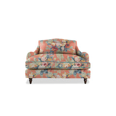 Felix Loveseat in Natural Linen English Garden Coral Orange with Velvet Trim
