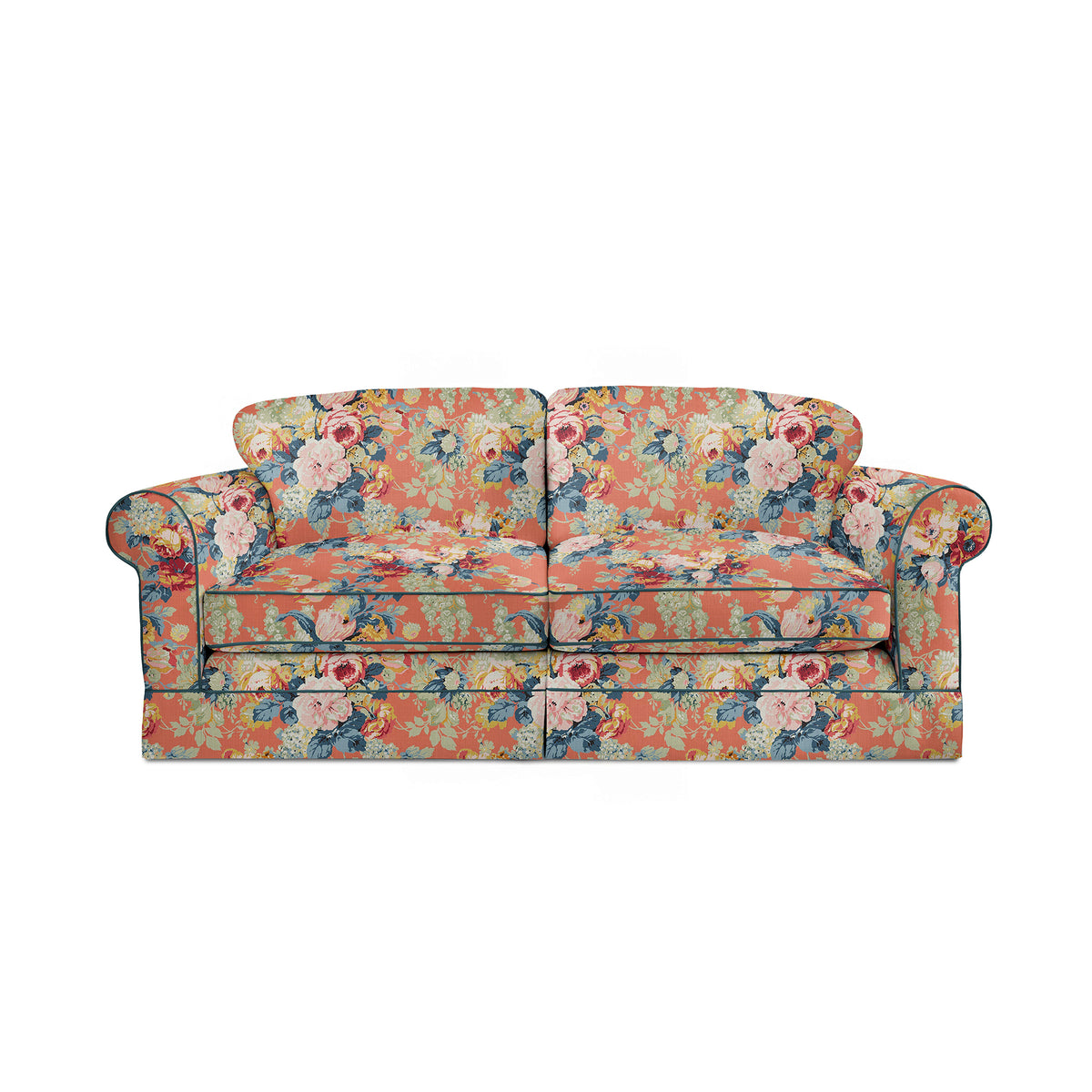 Salthrop Large Sofa with Big Back Cushion in Coral Orange with Lagoon Velvet Trim