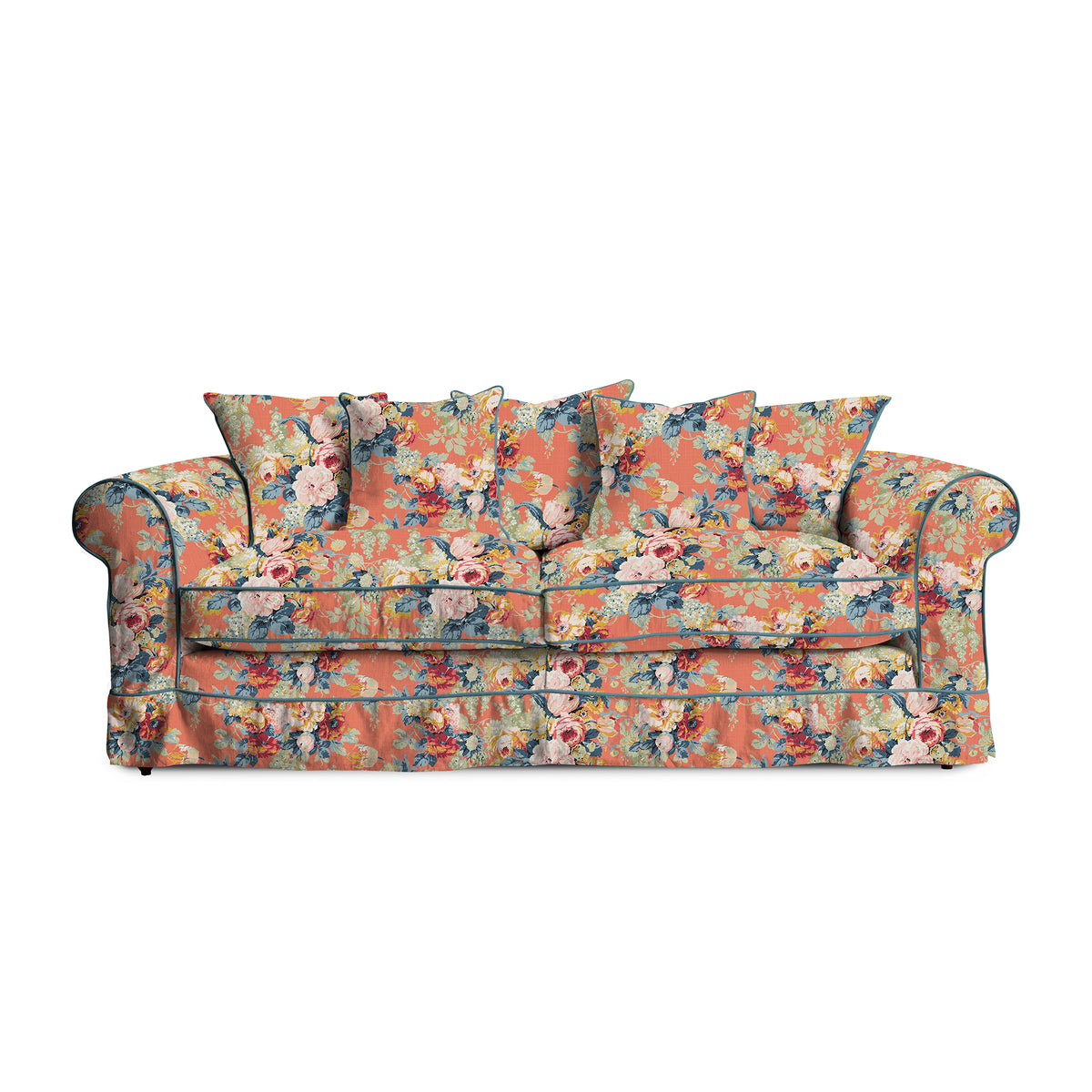 Salthrop Large Sofa with Scatter Cushion in Coral Orange with Lagoon Velvet Trim