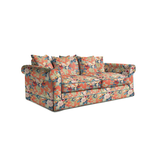 Salthrop Large Sofa with Scatter Cushion in Coral Orange with Lagoon Velvet Trim