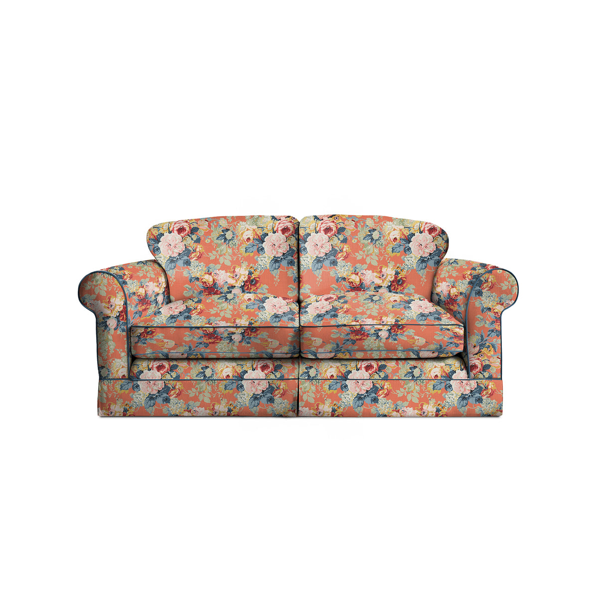 Salthrop Medium Sofa with Big Back Cushion in Coral Orange with Lagoon Velvet Trim