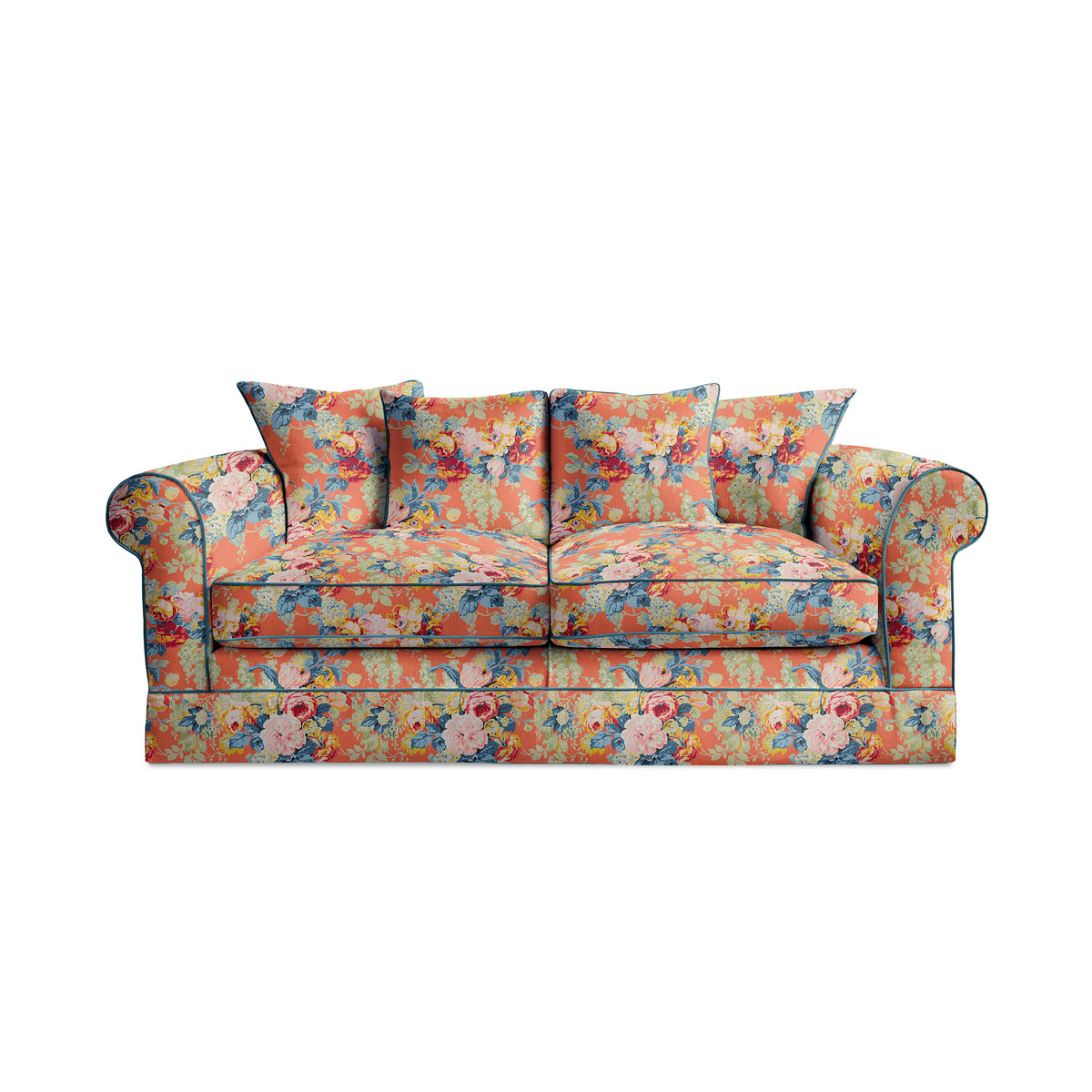 Salthrop Medium Sofa with Scatter Cushion in Coral Orange with Lagoon Velvet Trim