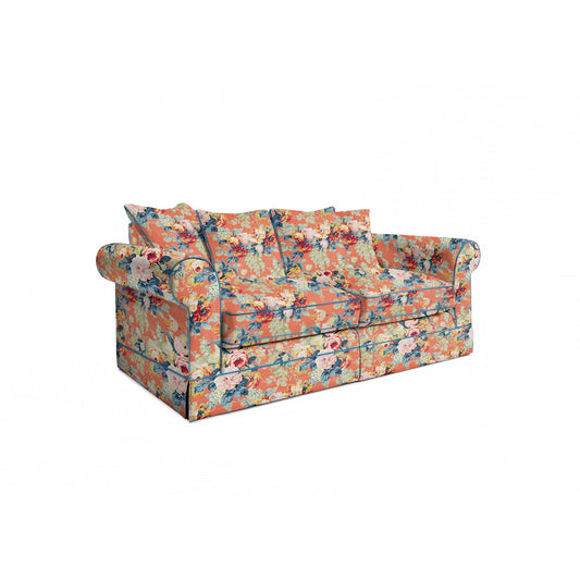 Salthrop Medium Sofa with Scatter Cushion in Coral Orange with Lagoon Velvet Trim