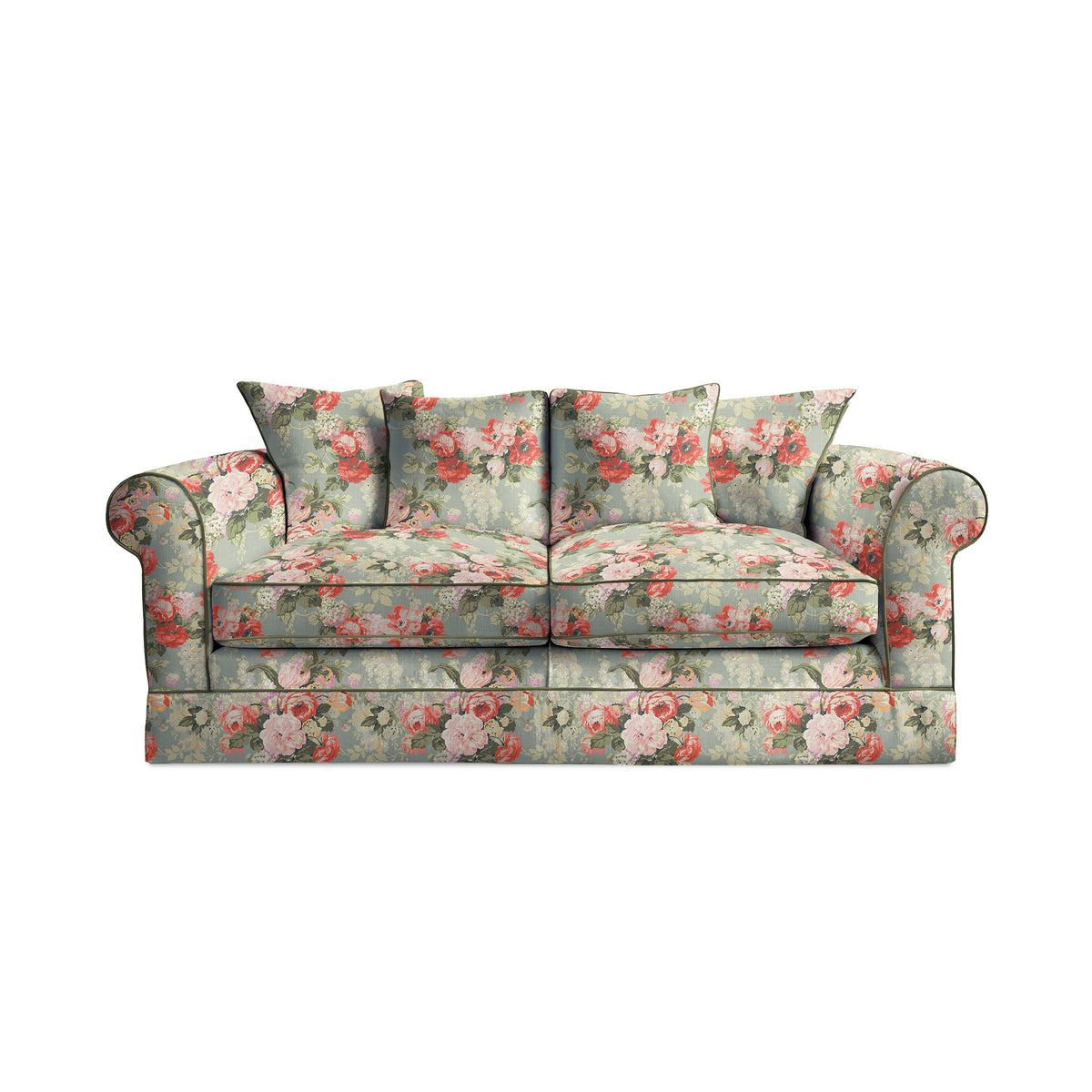 Salthrop Medium Sofa with Scatter Cushion in Grey Skies with Green Tea Velvet Trim