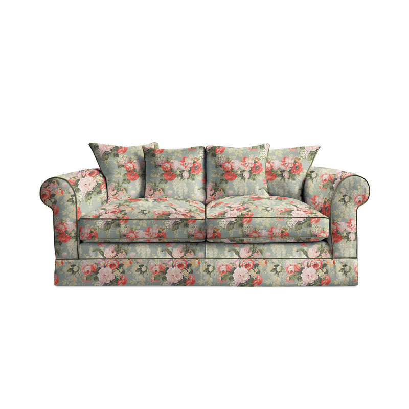 Salthrop Medium Sofa with Scatter Cushion in Grey Skies with Green Tea Velvet Trim