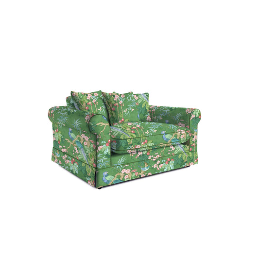 Salthrop Loveseat with Scatter Cushion in Juniper with Pine Velvet Trim