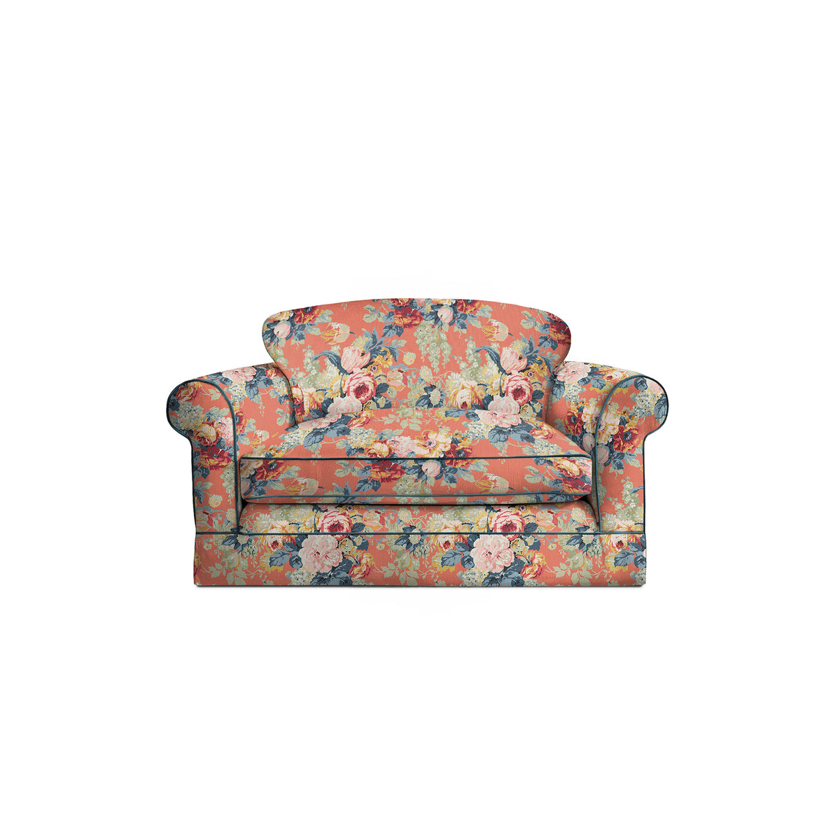 Salthrop Loveseat with Big Back Cushion in Coral Orange with Lagoon Velvet Trim