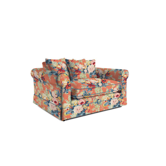 Salthrop Loveseat with Scatter Cushion in Coral Orange with Lagoon Velvet Trim