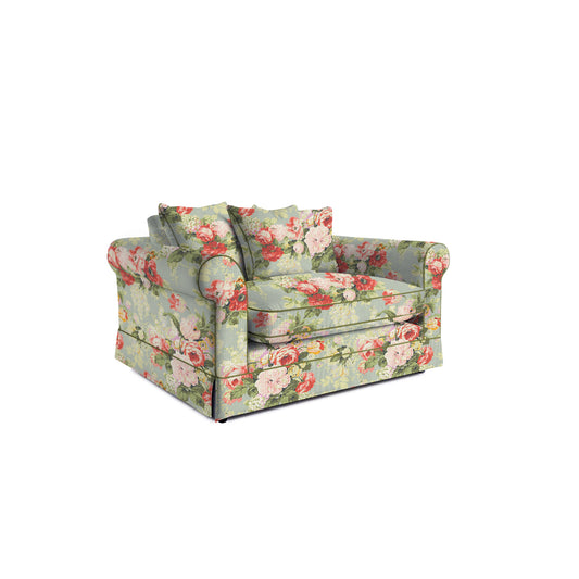 Salthrop Loveseat with Scatter Cushion in Grey Skies with Green Tea Velvet Trim