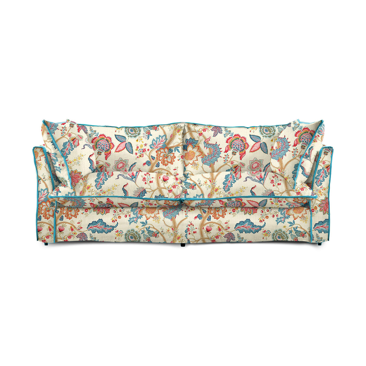Coco 2.5 seater sofa with Knife Edge cushion in Kitty Indian Summer with Velvet Trim - Made to Order