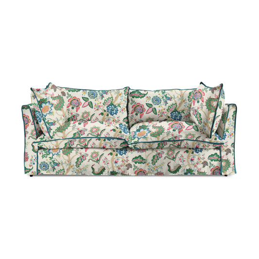 Coco 2.5 seater sofa with Knife Edge cushion in Kitty Spring Green with Velvet Trim - Made to Order (Available for quick ship)
